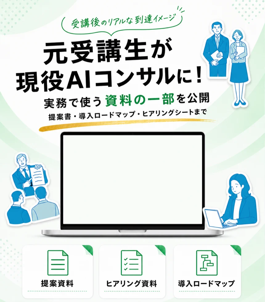 元受講生が現役AIコンサルタントとして活躍し、提案書、導入ロードマップ、ヒアリングシートなど実務資料の一部を公開するセクション